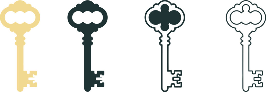 Four vintage key displayed in a row, featuring ornate head in beige, solid black, thick outline, and thin line styles
