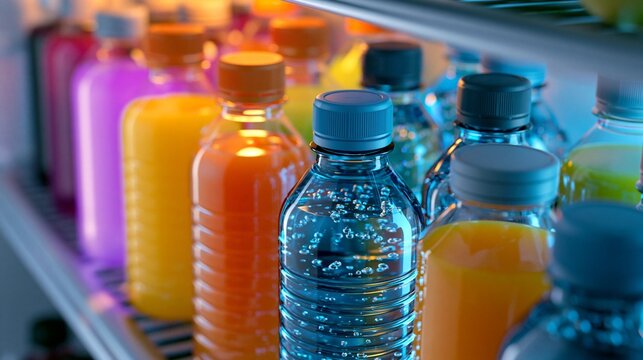 Isometric view of a fridge shelf stocked with chilled water bottles and colorful juices focused on the central drinks with soft cool ambient lighting in a modern kitchen setting.