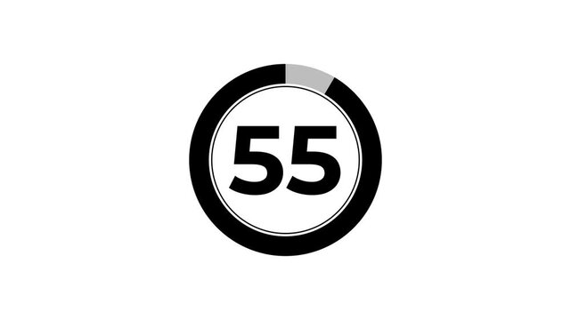 Digital circle countdown timer animation from 60 to 0 seconds on white background, 60 second countdown timer concept.