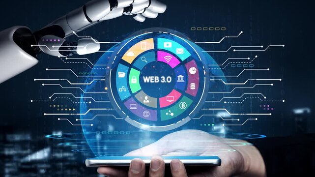 Futuristic Robot Hand Interacting with Web 3.0 Digital Interface Symbolizing Advanced Technology and Innovation in Digital Communication. Entropy.