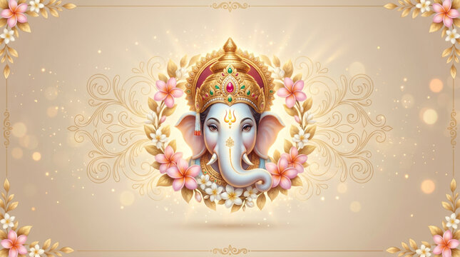 Graceful Floral Lord Ganesha Portrait with Divine Glow for Ganesh Chaturthi Greeting Design