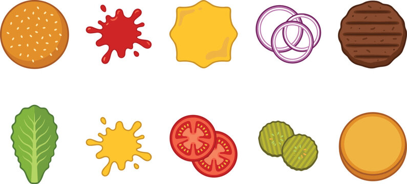 Deconstructed Burger Ingredients Color Vector Icon Set Featuring Sesame Bun Ketchup Cheese Onion Patty Lettuce Mustard Tomato and Pickle Slices