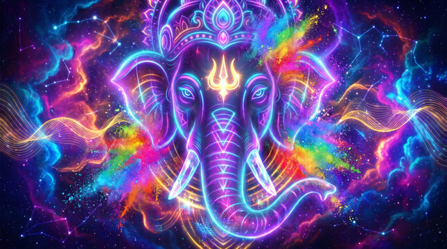 Mystical Neon Lord Ganesha Cosmic Artwork for Spiritual Festival and Ganesh Chaturthi Celebration