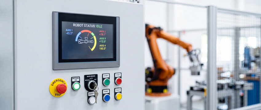 Industrial robot control panel with touchscreen and emergency stop in automated factory production line