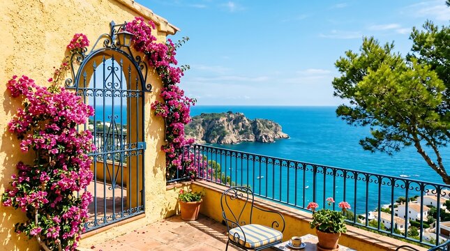 Mediterranean balcony view vibrant bougainvillea coastal scenery and tranquil outdoor living in southern europe