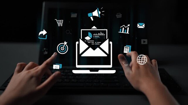 Hands Embracing Technology with Laptop Surrounded by Digital Icons Representing Communication, Marketing, and Online Interaction in Modern World. Entropy.