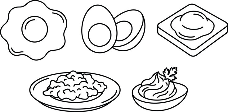 Egg Cooking Methods and Breakfast Food Line Art Vector Icon Set Featuring Fried Egg Boiled Halves Toast Scrambled Plate and Deviled Egg Elements
