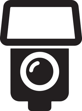 Black and white of a camera flash unit with a rectangular head and circular lens isolated on a white background