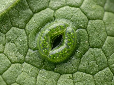Macro photography of plant stoma pore on leaf surface with microscopic, cellular
