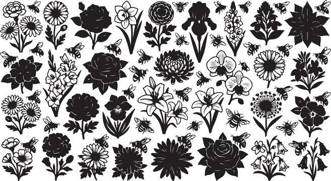 Set of assorted wildflower and honeybee silhouettes with wildflower silhouette botanical honeybee