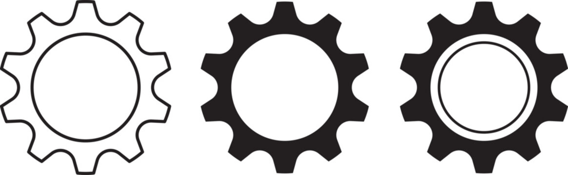 Three gear or cogwheel presented in a row, featuring a thin outline version, a solid black silhouette, and a solid black gear with an additional inner circle detail for variety