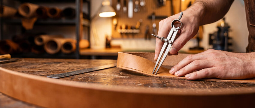 Artisan leatherworker measuring and marking a leather belt in rustic workshop with precision tools