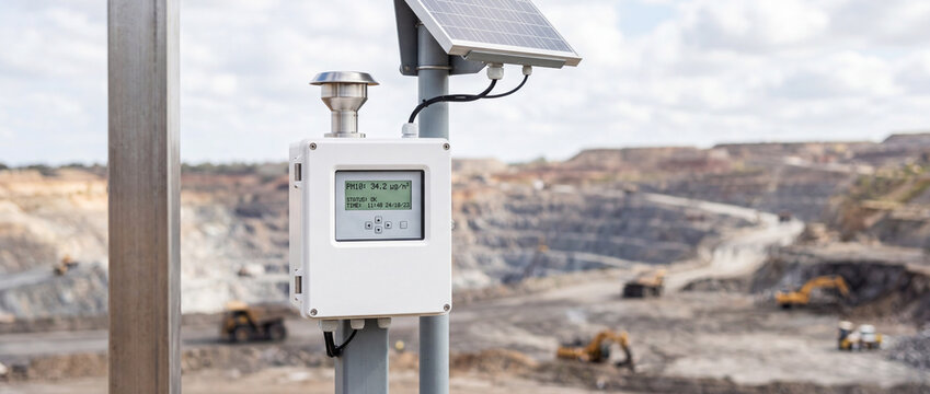 Solar-powered air quality monitor at open-pit mine measuring dust and particulate pollution