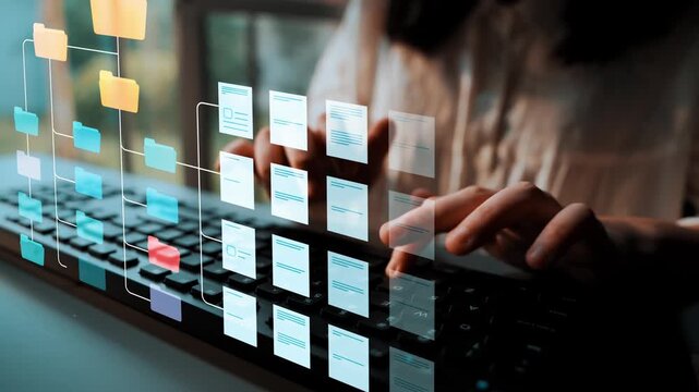 Digital Workflow Concept with Virtual Documents and Keyboard, Representing Data Management and Information Organization in Modern Business Environment. Entropy.