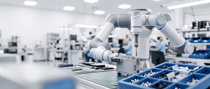 Collaborative robotic arm assembling electronics in a modern automated manufacturing laboratory and production facility