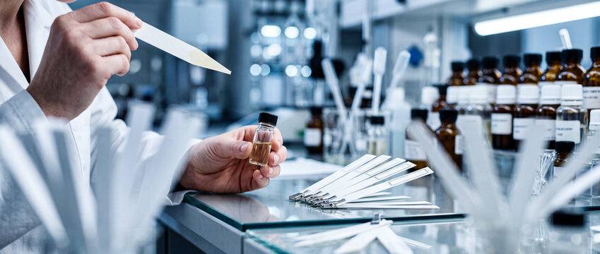 Perfume fragrance lab technician testing aromas with scent strips and vials in laboratory