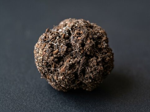 Spherical clod of moist garden soil on dark background with agriculture