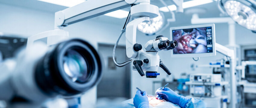 Surgeons wearing blue gloves perform delicate microsurgery under a high-tech operating microscope while live surgical images display on a monitor