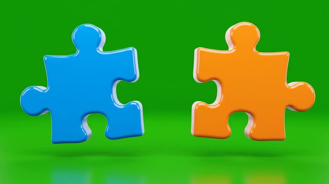 Puzzle pieces connecting in sequence on a green background with soft studio lighting and subtle camera movement