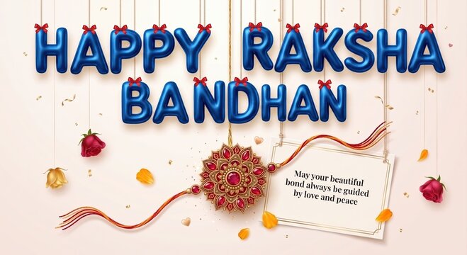 Happy raksha bandhan festive greeting card with traditional rakhi bracelet and 3d blue balloon typography hanging against a soft beige background decorated with red roses