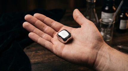 Fototapeta premium Nickel Element Sample on Palm Polished Reflective