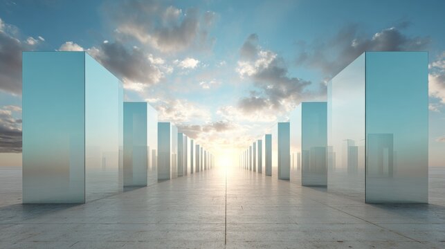 Row of tall, reflective rectangular monoliths stretches toward a bright horizon under a partly cloudy sky