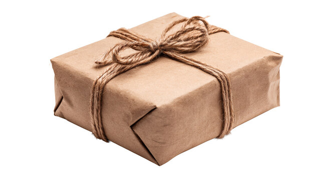 Delivery parcel wrapped in brown paper isolated on a white background