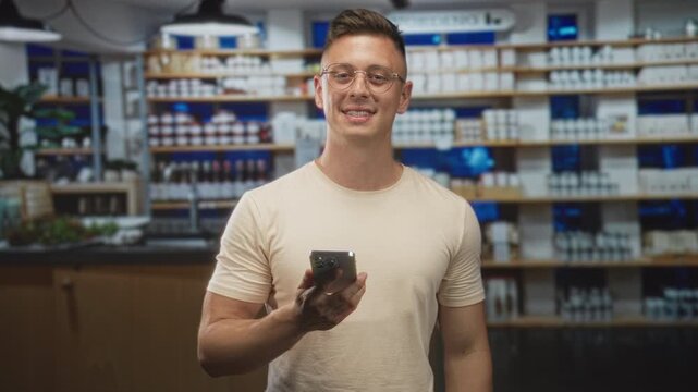 Man holding smartphone tapping screen by product shelves in a retail building while smiling at camera; contentment connection.