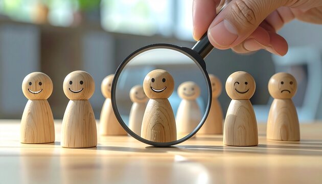 Hand holding magnifying glass focusing on a happy wooden figure among others, representing selection and individuality.