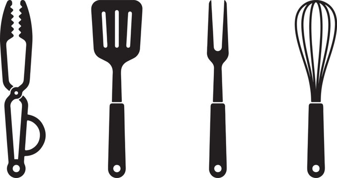 Also transparent background, black and copper-tone, kitchen utensils set, fork, spoon, spatula, whisk on transparent background