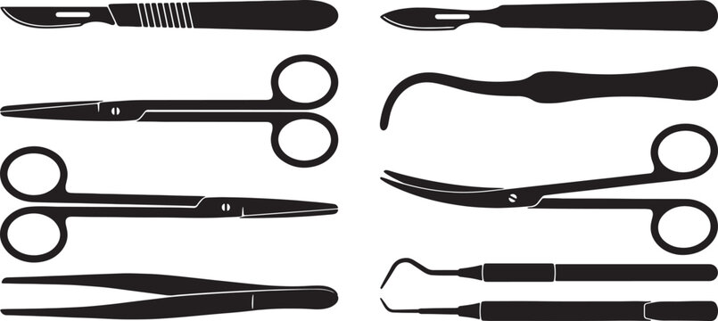 Also transparent background, black and white, minimalist scissors, knives, and tools, in outline and, solid silhouette styles