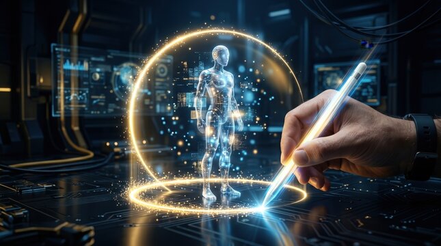 Opened ingredientHuman hand using a glowing digital stylus to design a futuristic AI hologram of an android on a high-tech interface.