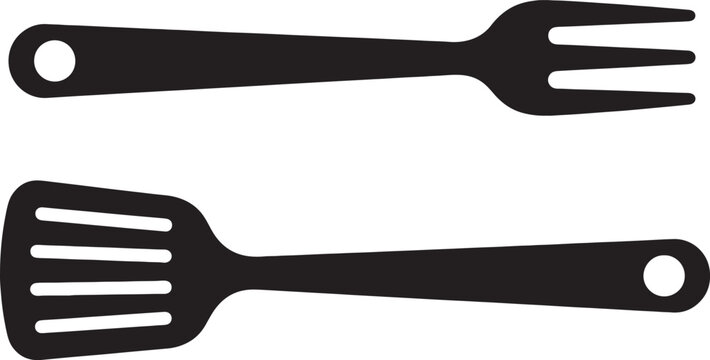 Also transparent background, black silhouette fork, and spatula outline, minimalist kitchen utensils, on transparent background