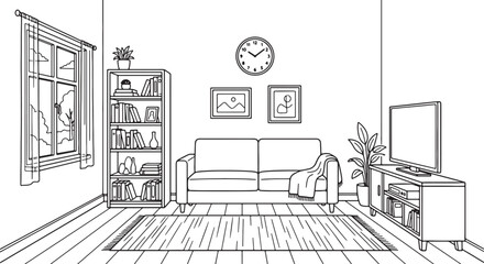 Minimalist line of a cozy living room with bookshelf, sofa, clock, plant, and large window also transparent background © MeJaMa
