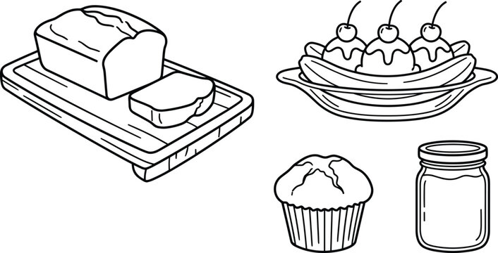 Bakery Dessert and Sweet Treat Line Art Vector Icon Set Featuring Banana Split Ice Cream, Bread Loaf, Muffin, and Mason Glass Jar