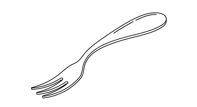 Minimalist line drawing of a metal fork with three tines and a smooth, curved handle, isolated on a plain white background for design.