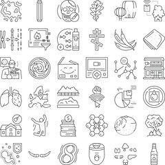 Fototapeta premium Set of diverse vector line icons illustrating concepts from medicine, science, food, technology, and everyday life, presenting a wide range of subjects in a clean, minimalist style