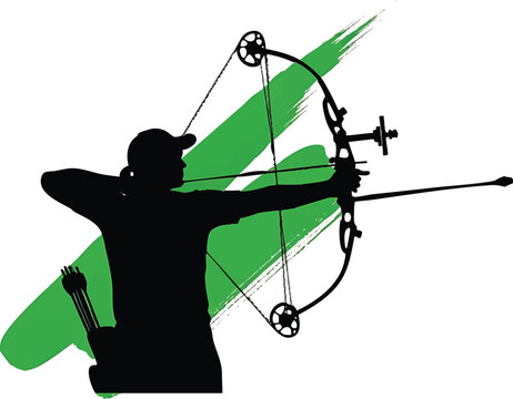 Silhouette of an archer with a compound bow aiming at a target, dynamic pose with green brush stroke background, vector illustration for sports and outdoor activities