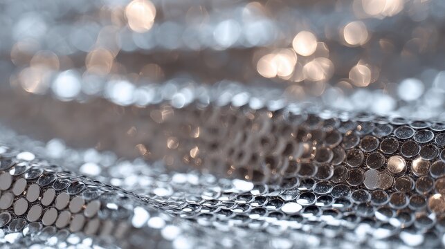 Glamorous silver sequined surface with sparkling light and soft bokeh effects