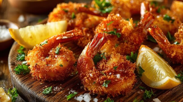 Golden breadcrumb shrimp appetizer on weathered wood with citrus garnish