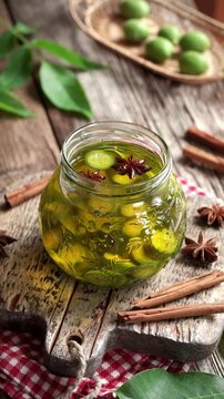 Putting spices into a jar with sliced unripe green walnuts - preparation of homemade nut liqueur or tincture
