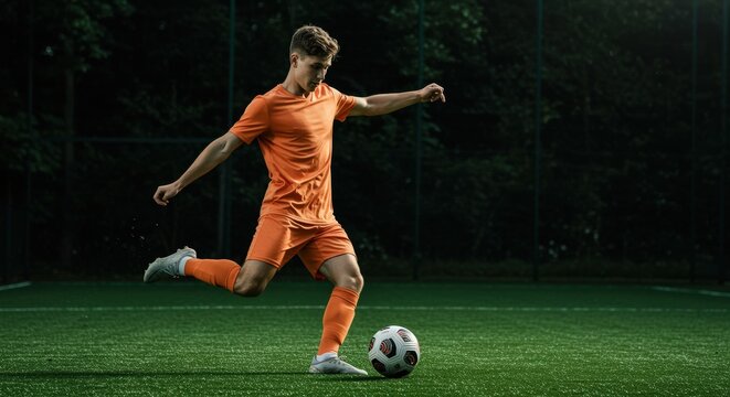 Male soccer player in orange uniform kicking ball on field at night with stadium lights, football