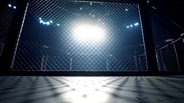 Empty octagonal cage for mixed martial arts standing in a dark, hazy arena under bright spotlights before a fight, with the camera slowly moving forward to enter the ring through the fence