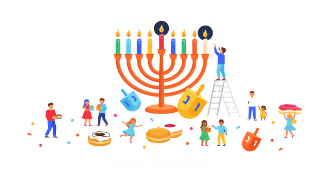 Happy family celebrating hanukkah with dreidel and latkes