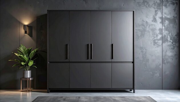 A minimalist modern wardrobe closet with matte black finish and elegant design features situated in a stylish contemporary room interior.
