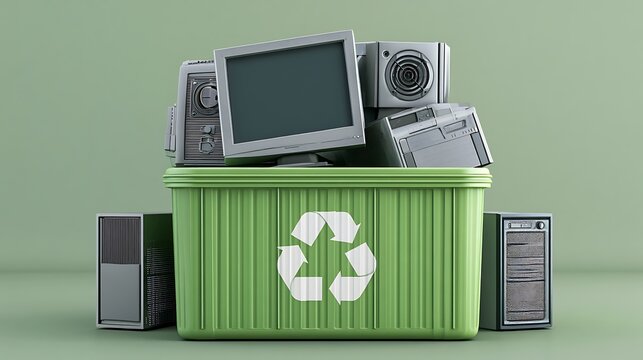 Old electronic devices stacked in a green recycling bin