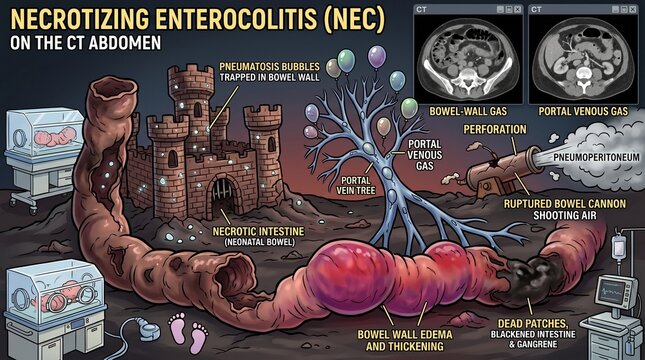 Necrotizing Enterocolitis (NEC) &ndash; CT Abdomen Radiology Mnemonic Illustration