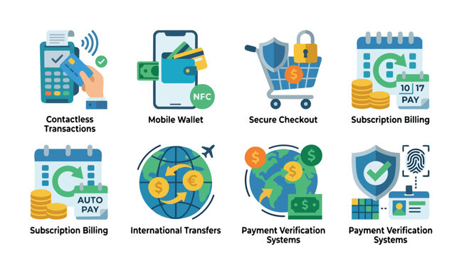 Collection of digital payment and financial service icons including contactless transactions mobile wallet secure checkout and subscription billing.