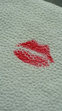 Red lipstick kiss mark appearing on textured white paper napkin after woman presses lips against it, symbolizing, message, end relationship, removing makeup. Leaving red lipstick kiss on napkin.