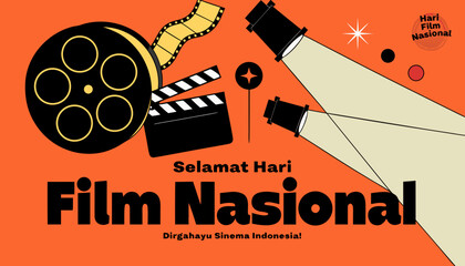Obraz premium Film, cinema, movie, national film day, Indonesian cinema, film festival, movie night, cinema icons, film strip, clapperboard, orange background, graphic design elements